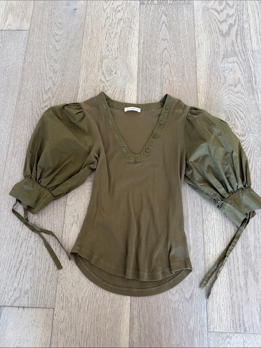 Ulla Johnson Olive Puff-Sleeve V-Neck Blouse